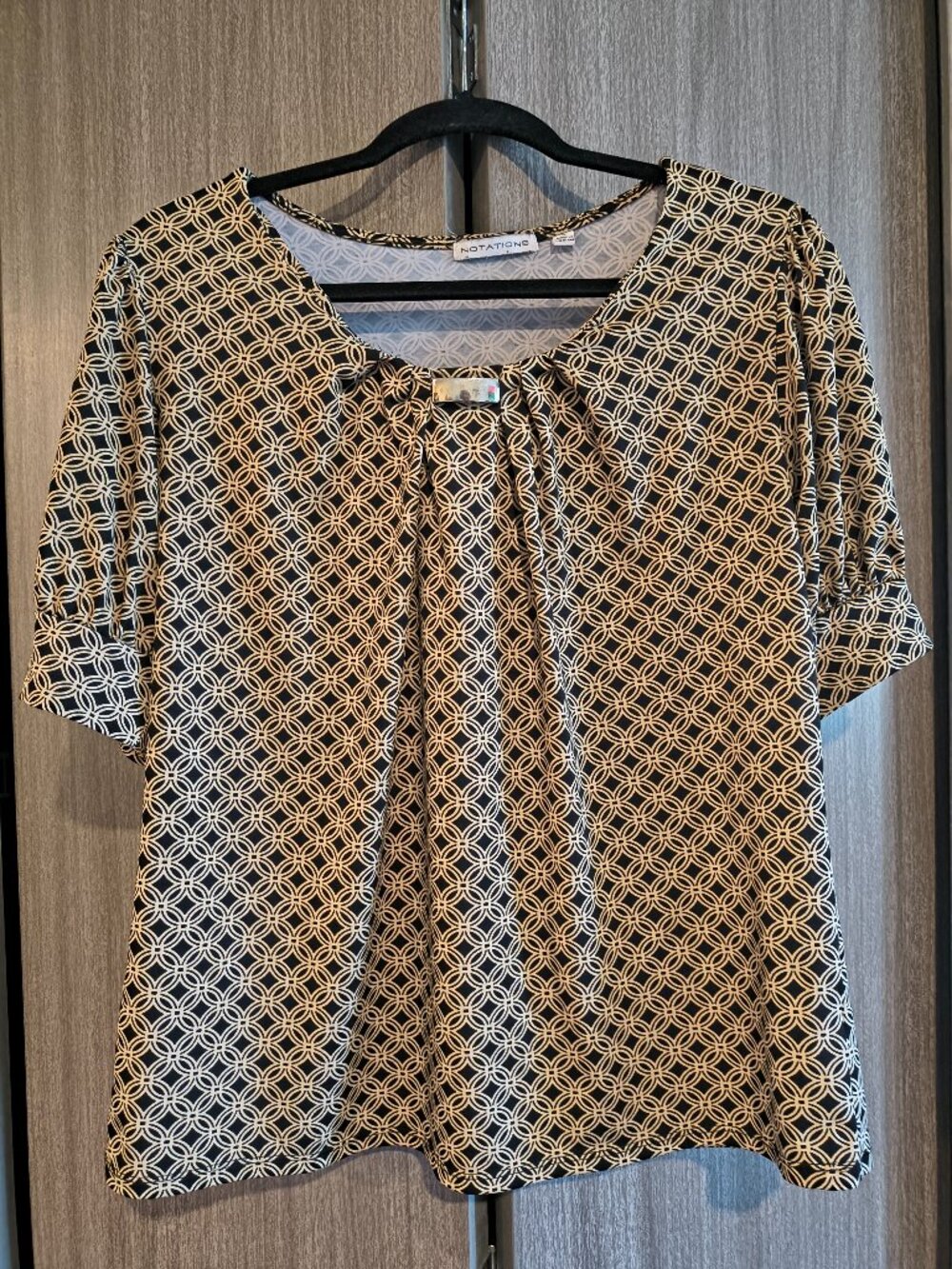 Notations Black Beige Short Puff Sleeve Scoop Neck Blouse Office Casual Medium